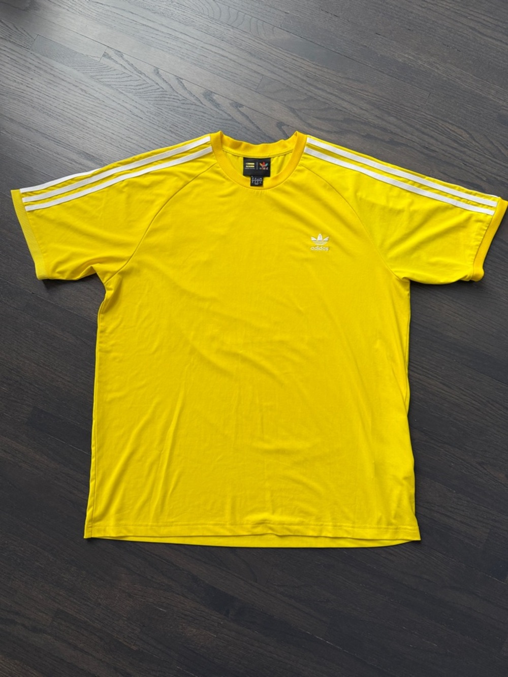 adidas Pharrell Williams Hu Holi Yellow Crewneck Tee with White Shoulder Stripes